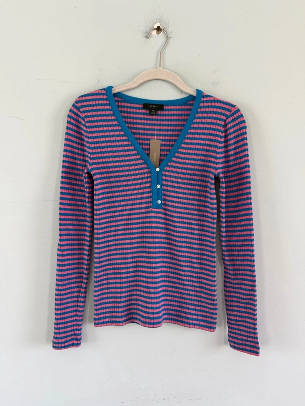 NWT J. Crew Ribbed Henley Stripe Rose Pink Blue Juliette Long Sleeve